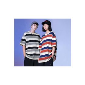 Touz Moda Kırmızı Mavi Çizgili Beyaz Unisex Oversize T-shirt