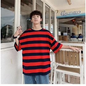 Touz Moda Kırmızı Siyah Çizgili Unisex Oversize T-shirt