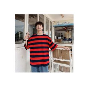 Touz Moda Kırmızı Siyah Çizgili Unisex Oversize T-shirt