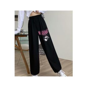 Touz Moda Kuromi Pink Baskılı Oversize Siyah Unisex Eşofman Altı