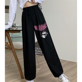 Touz Moda Kuromi Pink Baskılı Oversize Siyah Unisex Eşofman Altı