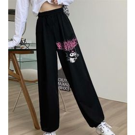 Touz Moda Kuromi Pink Baskılı Oversize Unisex Siyah Eşofman Altı