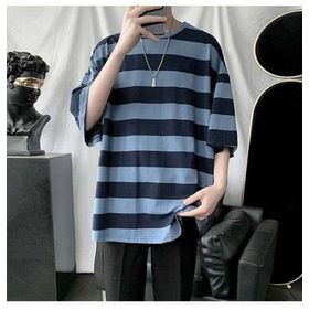 Touz Moda Mavi Siyah Çizgili Unisex Oversize T-shirt
