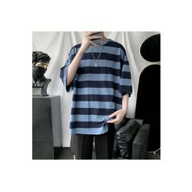Touz Moda Mavi Siyah Çizgili Unisex Oversize T-shirt