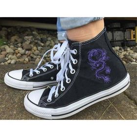 Touz Moda Purple Dragon Baskılı Siyah Unisex Kanvas Ayakkabı