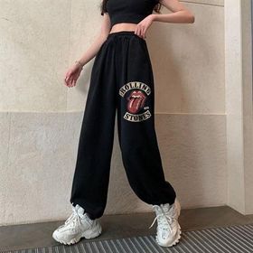 Touz Moda Rock Serisi Rolling Stones Vintage Baskılı Oversize Siyah Unisex Eşofman Altı