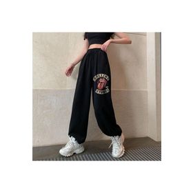 Touz Moda Rock Serisi Rolling Stones Vintage Baskılı Oversize Siyah Unisex Eşofman Altı