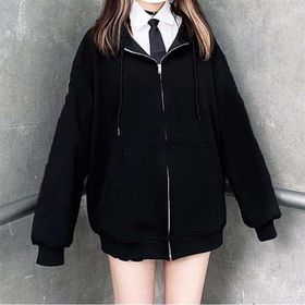 Touz Moda Sokak Tarzı Düz Oversize Siyah Kapşonlu Unisex Hırka