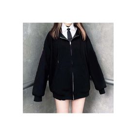 Touz Moda Sokak Tarzı Düz Oversize Siyah Kapşonlu Unisex Hırka