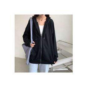 Touz Moda Sokak Tarzı Düz Oversize Siyah Kapşonlu Unisex Hırka