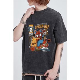 Touz Moda Spider Cat Baskılı Oversize Eskitme Yıkamalı Antrasit Unisex T-Shirt