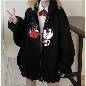 Touz Moda Spider-Man & Hello Kitty Baskılı Oversize Fermuarlı Siyah Kapüşonlu Unisex Hırka