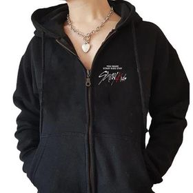 Touz Moda Stray Kids Baskılı Oversize Fermuarlı Siyah Unisex Kapüşonlu Hırka