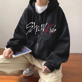Touz Moda Stray Kids Baskılı Oversize Fermuarlı Siyah Unisex Kapüşonlu Hırka