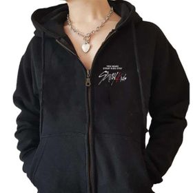Touz Moda Stray Kids Baskılı Oversize Fermuarlı Siyah Unisex Kapüşonlu Hırka