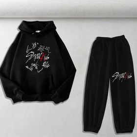 Touz Moda Stray Kids Baskılı Siyah Oversize Kapüşonlu Sweatshirt&Eşofman Altı Unisex İkili Takım