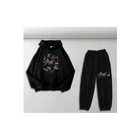 Touz Moda Stray Kids Baskılı Siyah Oversize Kapüşonlu Sweatshirt&Eşofman Altı Unisex İkili Takım