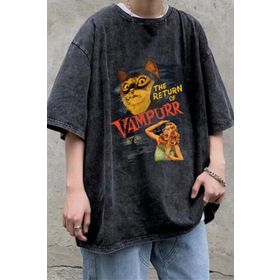 Touz Moda The Return of Vampurr Baskılı Oversize Eskitme Yıkamalı Antrasit Unisex T-Shirt