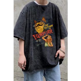 Touz Moda The Return of Vampurr Baskılı Oversize Eskitme Yıkamalı Antrasit Unisex T-Shirt