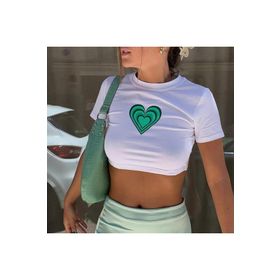 Touz Moda Vintage Green Heart Baskılı Beyaz Crop Kadın T-Shirt