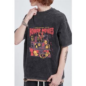Touz Moda Yıkamalı Horror Movies Baskılı Unisex Oversize Vintage Eskitme T-shirt