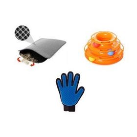 Tower Of Tracks Kedi Oyuncağı+Tüy Toplama Eldiveni+Gri Elekli Kedi Tuvalet Paspası