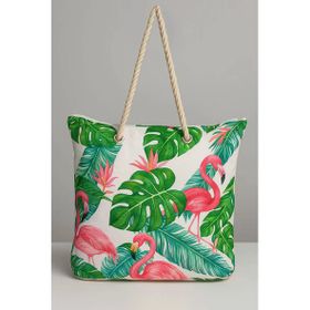 Trend 1102 Flamingo Desen Yeşil Kadın Plaj Çantası