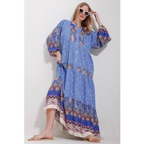 Trend Alaçatı Stili ALC-X11593 Kadın Mavi Hakim Yaka Şal Desenli Maxi Boy Elbise