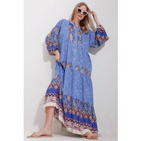 Trend Alaçatı Stili ALC-X11593 Kadın Mavi Hakim Yaka Şal Desenli Maxi Boy Elbise