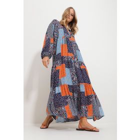 Trend Alaçatı Stili ALC-X11593 Kadın Mavi-Turuncu Hakim Yaka Şal Desenli Maxi Boy Elbise