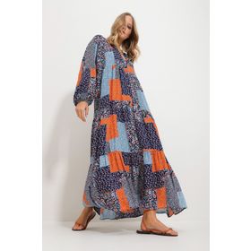 Trend Alaçatı Stili ALC-X11593 Kadın Mavi-Turuncu Hakim Yaka Şal Desenli Maxi Boy Elbise