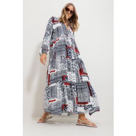 Trend Alaçatı Stili ALC-X11593 Kadın Tarçın Hakim Yaka Şal Desenli Maxi Boy Elbise