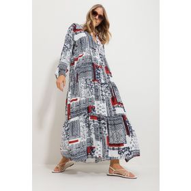Trend Alaçatı Stili ALC-X11593 Kadın Tarçın Hakim Yaka Şal Desenli Maxi Boy Elbise