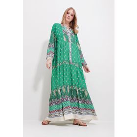 Trend Alaçatı Stili ALC-X11593 Kadın Yeşil Hakim Yaka Şal Desenli Maxi Boy Elbise