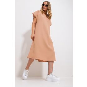 Trend Alaçatı Stili ALC-X11732 Kadın Soğan Kabuğu Polo Yaka Yanları Yırtmaçlı Dokuma Elbise