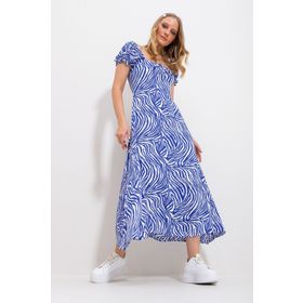 Trend Alaçatı Stili ALC-X11735 Kadın Saks Kare Yaka Çiçek Desenli Dokuma Elbise
