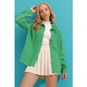 Trend Alaçatı Stili ALC-X7264 Kadın Yeşil Tek Cepli Oversize Kaşe Gömlek
