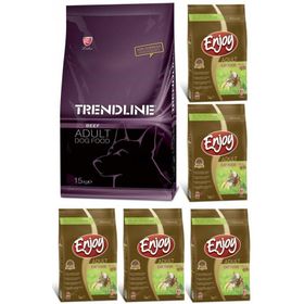 Trendline Dog Biftekli Kuru Köpek Maması 15 kg ve Enjoy Tavuk Etli Yetişkin 5x1 kg Kuru Kedi Maması