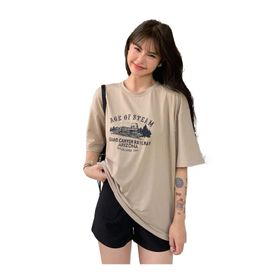 Trendseninle Age Of Steam Baskı Vizon Oversize Kadın T-shirt
