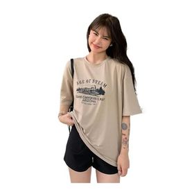 Trendseninle Age Of Steam Baskı Vizon Oversize Kadın T-shirt