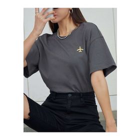Trendseninle Airplane Baskılı Füme Oversize Kadın T-shirt