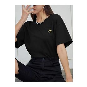 Trendseninle Airplane Baskılı Siyah Oversize Kadın T-shirt