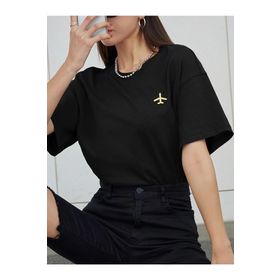 Trendseninle Airplane Baskılı Siyah Oversize Kadın T-shirt