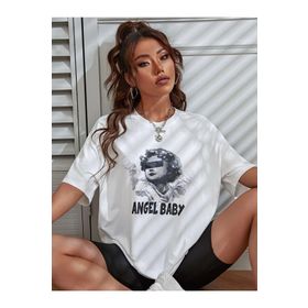 Trendseninle Angel Baby Baskılı Beyaz Oversize Kadın T-shirt