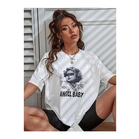 Trendseninle Angel Baby Baskılı Beyaz Oversize Kadın T-shirt