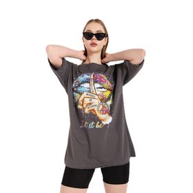 Trendseninle Antrasit Let It Be Gri Oversize Kadın T-shirt