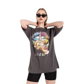 Trendseninle Antrasit Let It Be Gri Oversize Kadın T-shirt