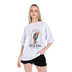 Trendseninle Arizona Baskılı Beyaz Oversize Kadın T-shirt