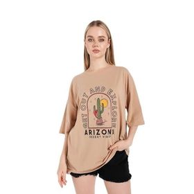 Trendseninle Arizona Baskılı Camel Oversize Kadın T-shirt
