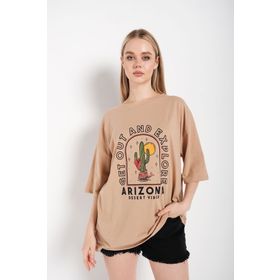 Trendseninle Arizona Baskılı Camel Oversize Kadın T-shirt